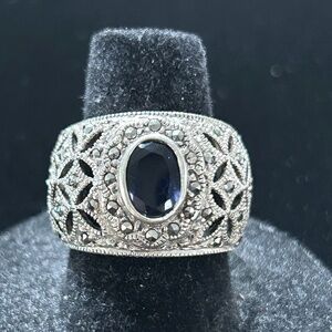 Estate Art Deco Filigree Sterling Silver 1+ Carat Blue Sapphire Ring sz 7 3/4